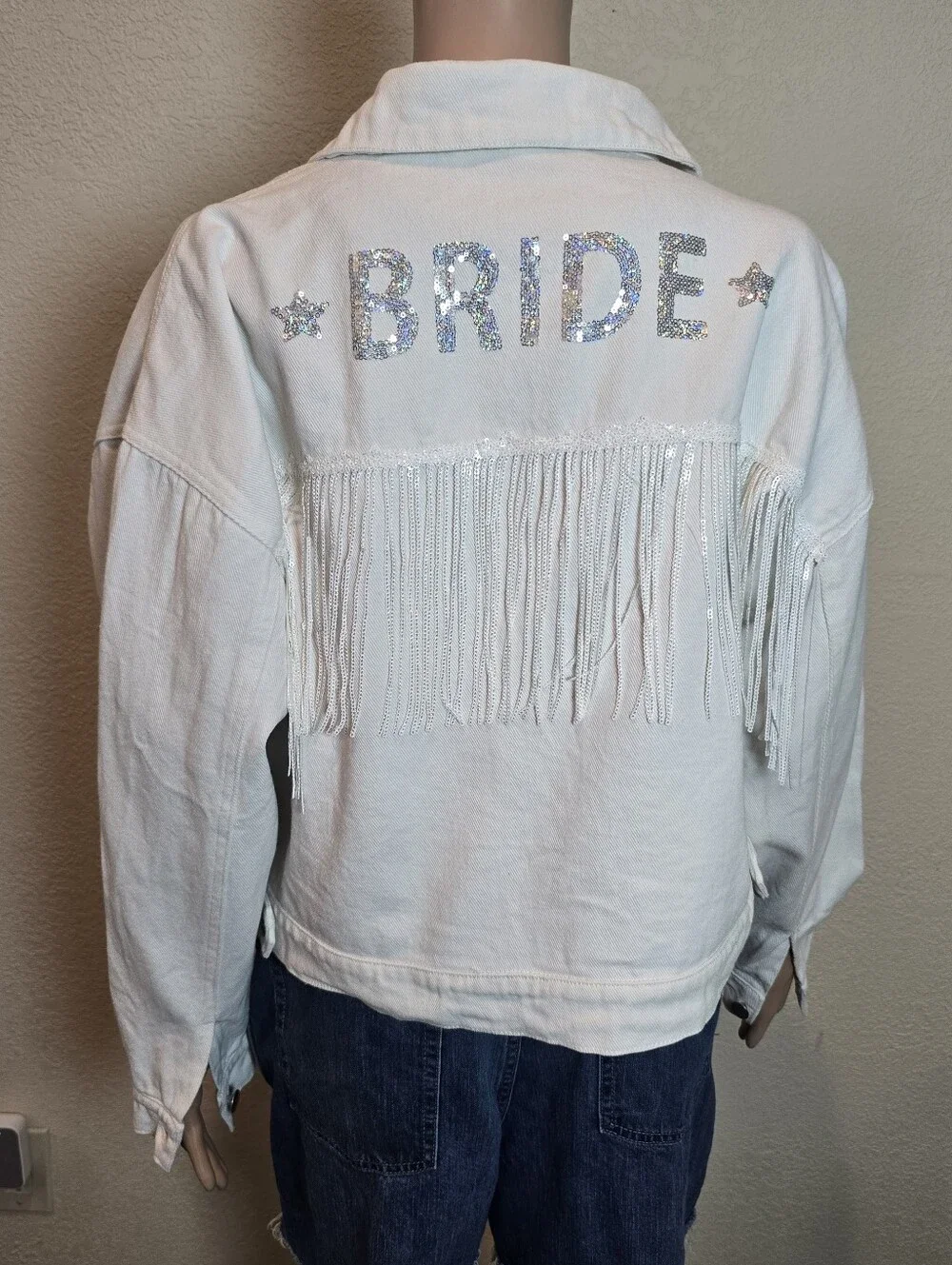Altar'd State White Fringe 'BRIDE' Denim Jacket - Picture 4 of 12